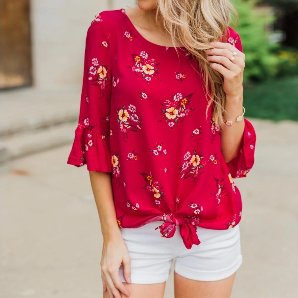 NWT Fuchsia Floral Front-Tie Top‎ M - Picture 13 of 14
